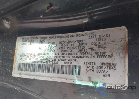 2001 Toyota Tacoma Xtracab from USA, damaged, VIN 5TEWM72N41Z773216